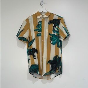 Tan and Green Casual Button Down Shirt with Tropical Flair